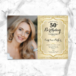 Elegant Guld Foto 50:e födelsedagen Inbjudningar<br><div class="desc">Elegant femininin 50-årsinbjudan med ditt foto. Glam-design med faux glitter guld. Funktioner rand,  typsnitt för skript och konfiguration. Perfekt för en snyggt vuxen under firande party. Anpassa med dina egna detaljer. Kan anpassas för vilken ålder som helst! Skrivna Zazzle-inbjudningar eller digital utskrivbar mall för omedelbar nedladdning.</div>