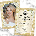 Elegant Guld Foto 50:e födelsedagen Inbjudningar<br><div class="desc">Femininininbjudan till elegantens blommigt på 50 års födelsedag med ditt foto på baksidan av kortet. Glam-design med faux glitter guld. Funktioner guld rand, vit ros, skriptteckensnitt och konetti. Perfekt för en snyggt vuxen under firande party. Anpassa med dina egna detaljer. Kan anpassas för vilken ålder som helst! Skrivna Zazzle-inbjudningar eller...</div>