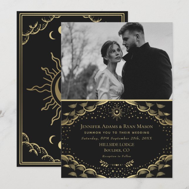 Elegant Guld-fotoport med fotopatkort Bröllop Inbjudningar (Fram/baksida)