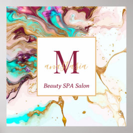 Elegant Guld Fox Marble Monogram Beauty Salon Poster