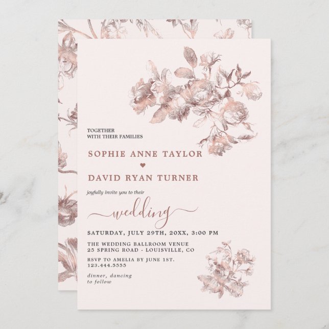 Elegant Guld Fransk Blommigt Ro Toile Bröllop Inbjudningar (Fram/baksida)