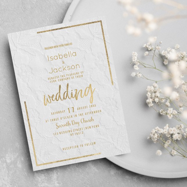 Elegant guld fransk blommigt snöre Bröllop Inbjudningar (Elegant white gold french floral lace Wedding Invitation)