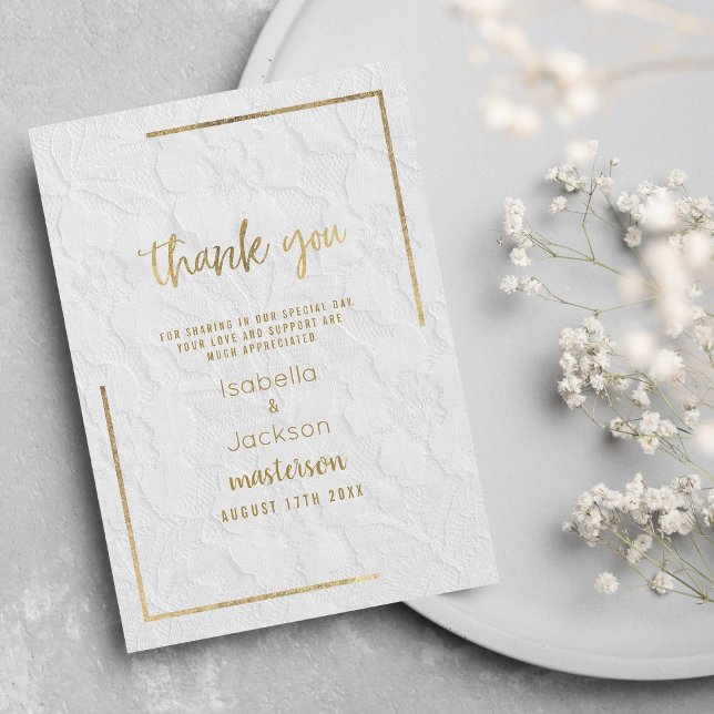Elegant, guld fransk blommigt snöre tack kort (Elegant white gold french floral lace Wedding Invitation)