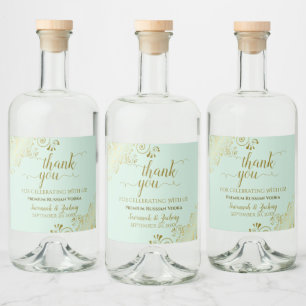 Elegant Guld Frills Mint Grönt Bröllop Tack Spritflaskor Etikett