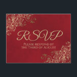Elegant Guld Frills om Crimson Red Bröllop OSA Vykort<br><div class="desc">De här OSA vykorten gör det enkelt för dina gäster att svara på din bröllopsinbjudan. De har en sofistikerad klassdesign med guld-text på en lush marmorerad röd bakgrund. Kortets hörn är dekorerade med en filrad med latinska blommigtar. På baksidan finns ett ställe för att ange antalet gäster som är närvarande...</div>