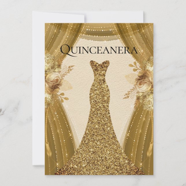 Elegant Guld-gardindrad Quinceanera Party Inbjudningar (Framsida)