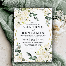 Elegant Guld Geometric Blommigt Greenery Bröllop Inbjudningar