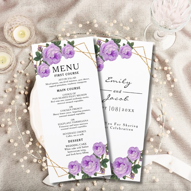 Elegant Guld Geometric Lila Blommigt Boho Bröllop Meny (Elegant Gold Geometric Purple Floral Boho Wedding Menu Cover)
