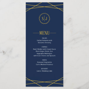 Elegant Guld Geometric Mörk blått Bröllop Menu Meny