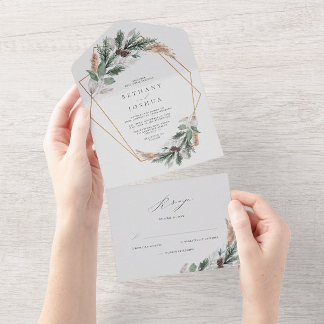 Elegant Guld Geometric Winter Greenery Bröllop (Avrivbar del)