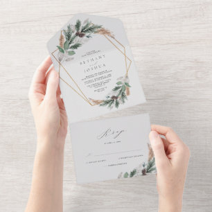 Elegant Guld Geometric Winter Greenery Bröllop