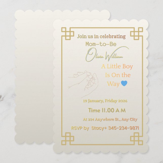Elegant guld geometrisk baby shower inbjudan | Mi (Fram/baksida)
