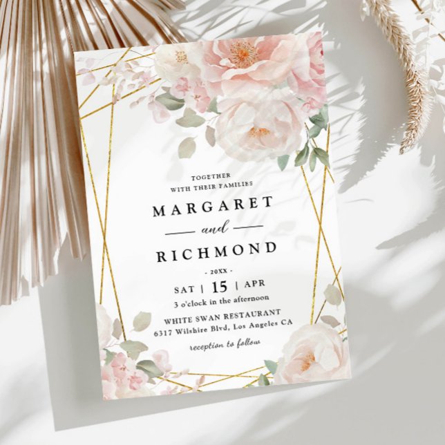 Elegant Guld Geometrisk Rosé Rosa Blommig Bröllop Inbjudningar (Skapare uppladdad)