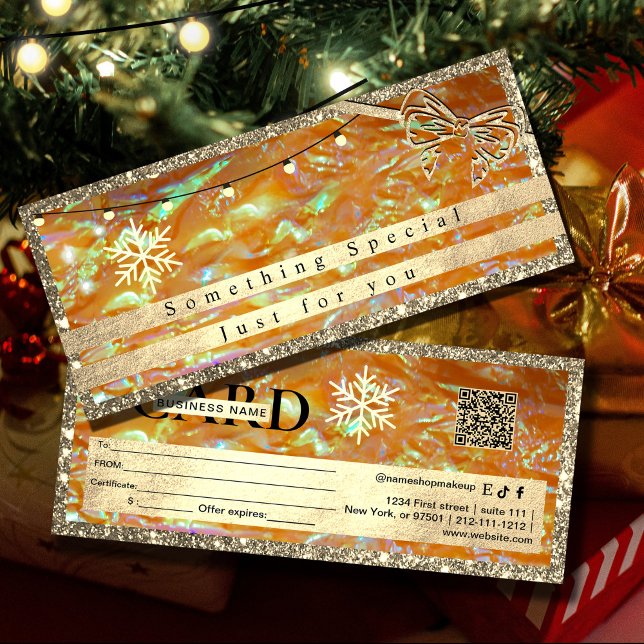 Elegant Guld Gift Voucher | Glitter och Pearl (Elegant Gold Gift Voucher | Glitter and Pearl Design#holographicorangegiftcard #giftvoucher #holiday)