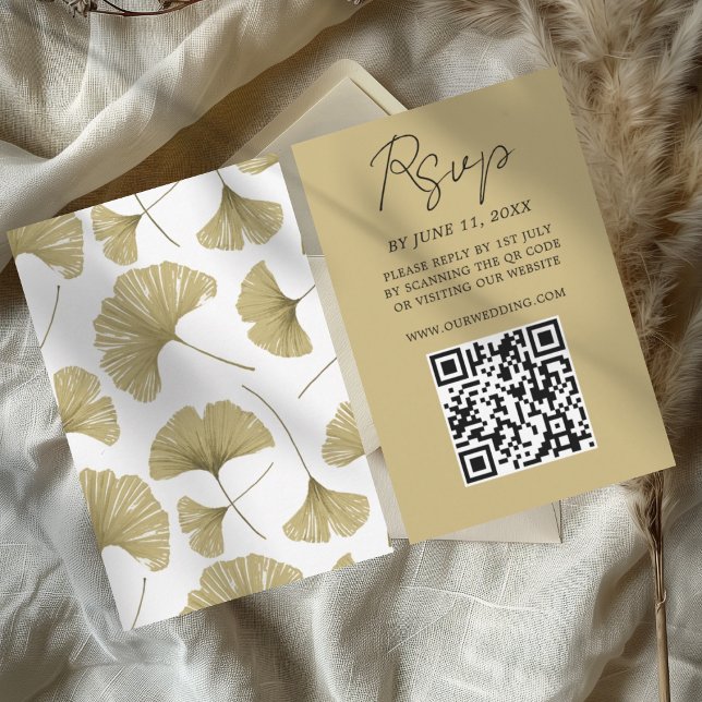 Elegant guld Ginkgo-blad bröllops-svarskort OSA Kort (Skapare uppladdad)