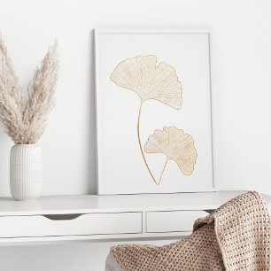 Elegant Guld Ginkgo Lövs Line Art Illustration Poster