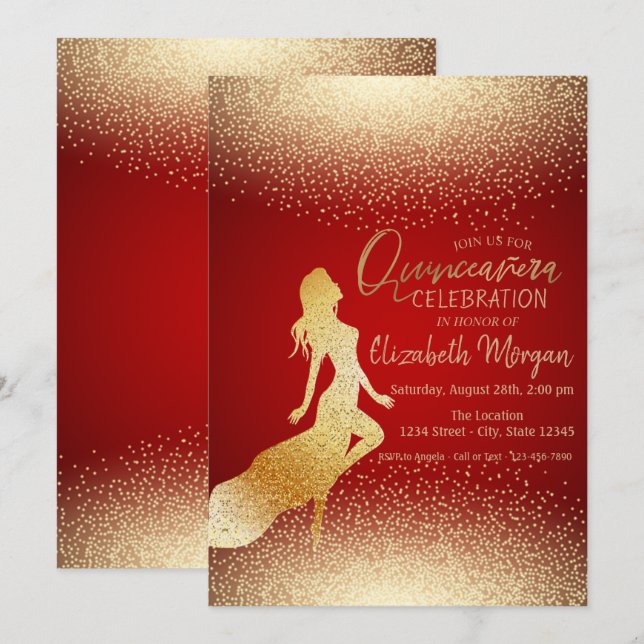 Elegant Guld Girl Silhouette,Confetti Quinceañera Inbjudningar (Fram/baksida)
