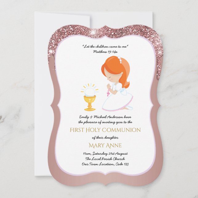 Elegant Guld Girls First Heliga Communion Inbjudningar (Framsida)