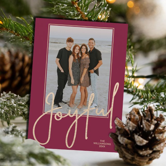 Elegant Guld GLAD på Tranbärsfoto Jul Julkort (Elegant Gold JOYFUL Script on cranberry photo Christmas cards, PRINTED and/or INSTANT DOWNLOAD)