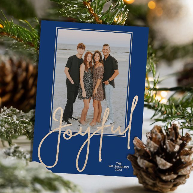 Elegant Guld GLAD Script på Blå Foto Jul Julkort (Elegant Gold JOYFUL Script on blue photo Christmas holiday cards, PRINTED and/or INSTANT DOWNLOAD)