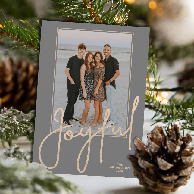 Elegant guld GLAD skrift på grå julfoto Julkort (Elegant Gold JOYFUL Script on grey photo Christmas holiday cards, PRINTED and/or INSTANT DOWNLOAD)