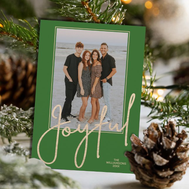 Elegant guld GLADJUL Skrift Grön Foto Jul Julkort (Elegant Gold JOYFUL Script on green photo Christmas holiday cards, PRINTED and/or INSTANT DOWNLOAD)