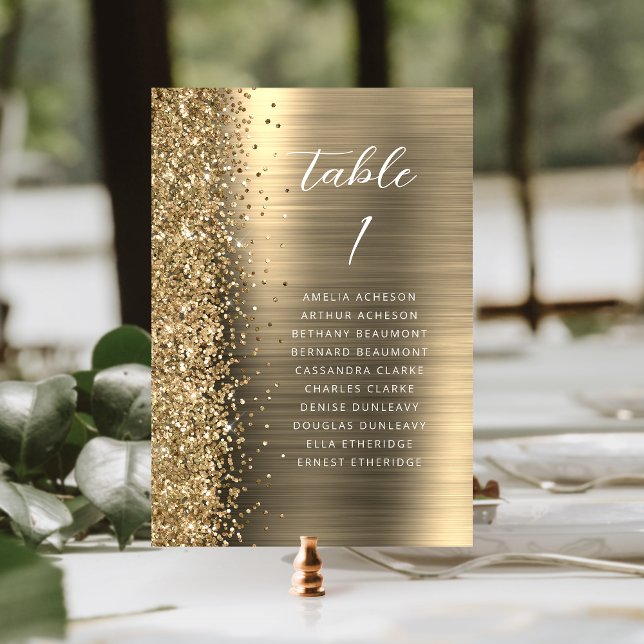 Elegant guld glam glitter metallisk script bröllop bordsnummer (Skapare uppladdad)