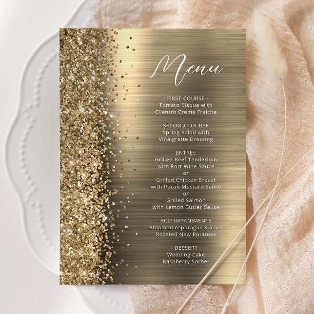 Elegant Guld Glam Glitter Script Bröllop Meny (Skapare uppladdad)