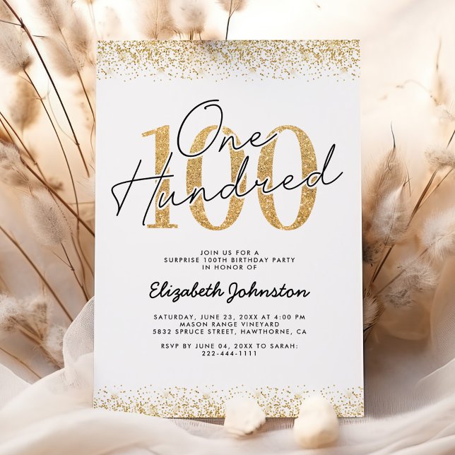Elegant Guld Glitter 100-års Födelsedagsinbjudan Inbjudningar (Skapare uppladdad)