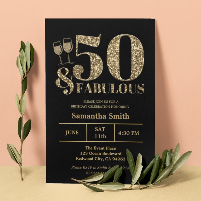 Elegant Guld Glitter 50 och Fabulous 50:e födelsed Inbjudningar (Elegant Gold Glitter 50 And Fabulous 50th Birthday Invitation
)