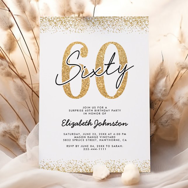 Elegant Guld Glitter 60-års Födelsedagsinbjudan Inbjudningar (Skapare uppladdad)