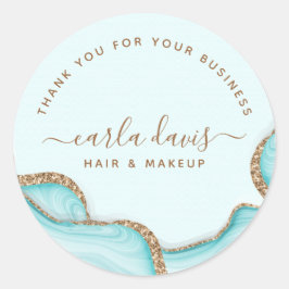 Elegant guld glitter blå marmor agat modern chic runt klistermärke