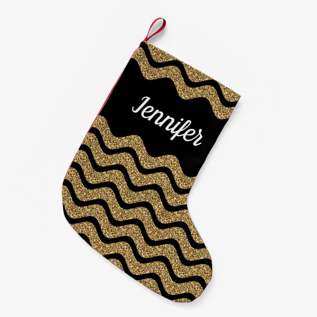 Elegant Guld Glitter Black Chevron Rand Namn Liten Julstrumpa (Framsidan (Hängande))