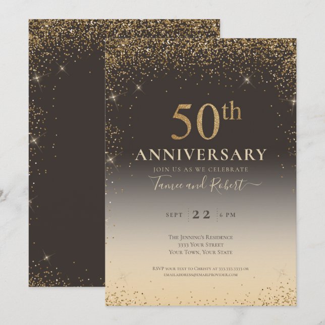 Elegant Guld Glitter Blegon 50-årsdagen Inbjudningar (Fram/baksida)