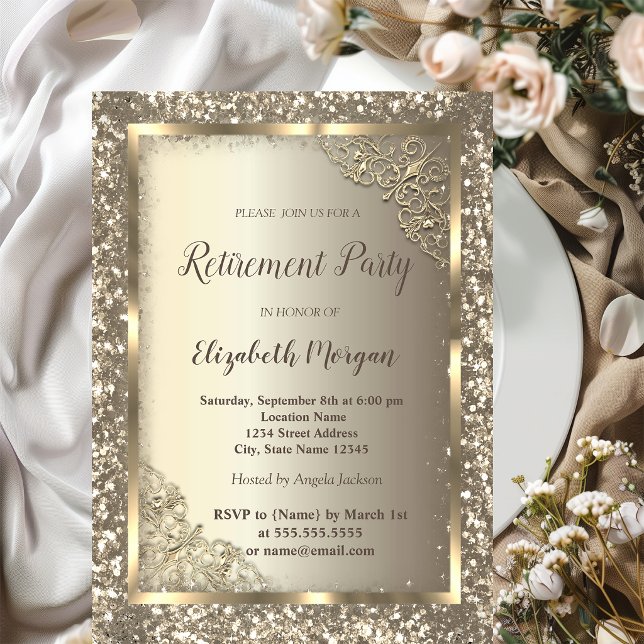 Elegant guld glitter blommig ram Pension  Inbjudningar (Skapare uppladdad)