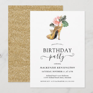 Elegant Guld Glitter Blommigt Guld Hel Birthag Inbjudningar