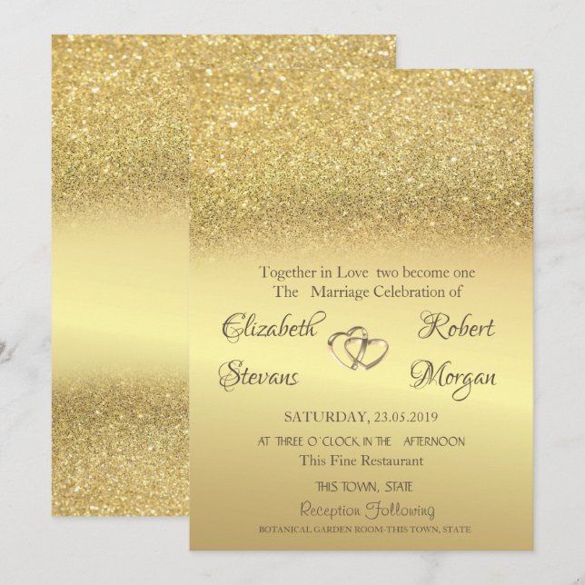 Elegant guld glitter bokeh bröllopsinbjudan inbjudningar (Fram/baksida)