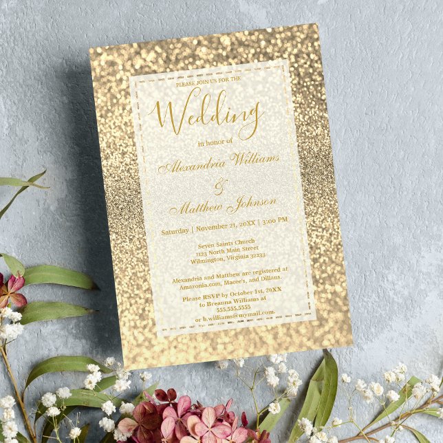 Elegant: guld glitter Bröllop Inbjudningar (Luxury elegant white gold glitter Wedding Invitation)