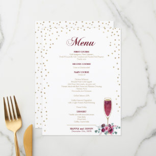Elegant Guld glitter burgundy Flowers Menu Meny