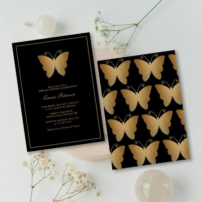 Elegant Guld Glitter Butterfly Möhippa Inbjudningar (Elegant Gold Glitter Butterfly Bridal Shower Invitation )
