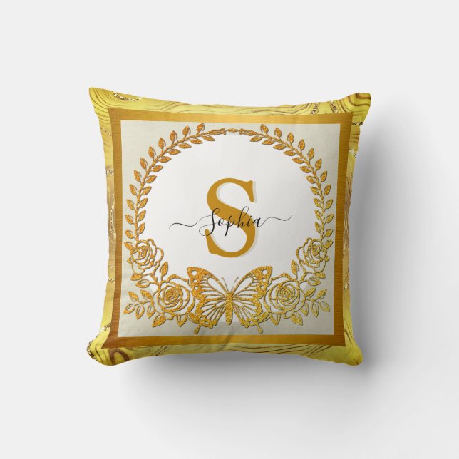 Elegant Guld Glitter Butterfly och Flower Kudde (Framsida)