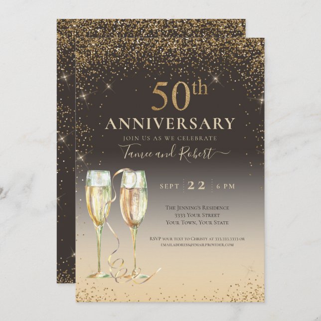 Elegant guld glitter champagne 50-årsjubileum inbjudningar (Fram/baksida)