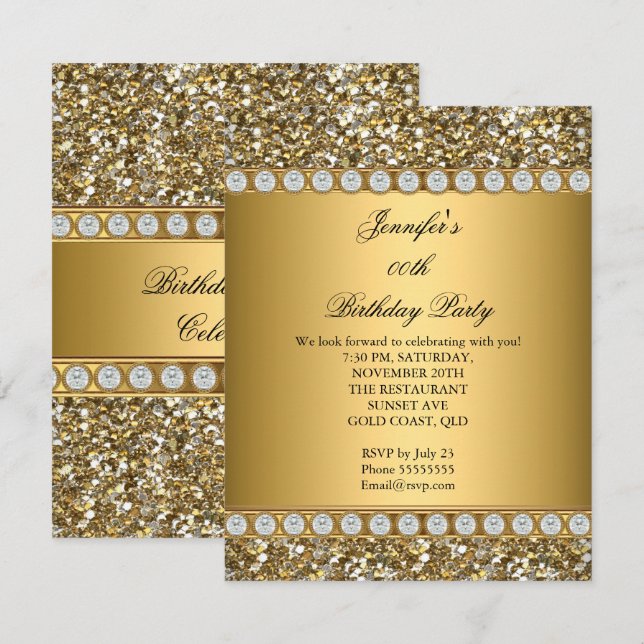 Elegant Guld Glitter Diamant Födelsedagsfest 3 Inbjudningar (Fram/baksida)
