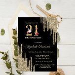 Elegant Guld Glitter Drips svart 21:a födelsedag Inbjudningar<br><div class="desc">Ett modernt,  chic och glamoröst glitter droppar i svart botten.</div>