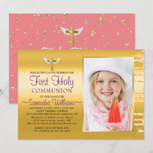 Elegant Guld Glitter Drives Photo First Communion Inbjudningar