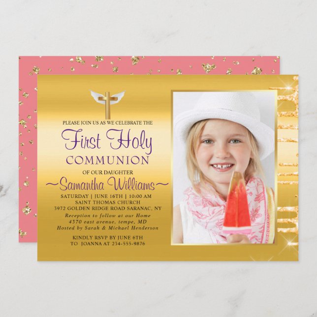 Elegant Guld Glitter Drives Photo First Communion Inbjudningar (Fram/baksida)