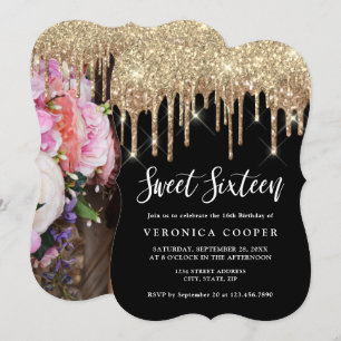Elegant guld glitter droppar sweet sixteen-inv inbjudningar