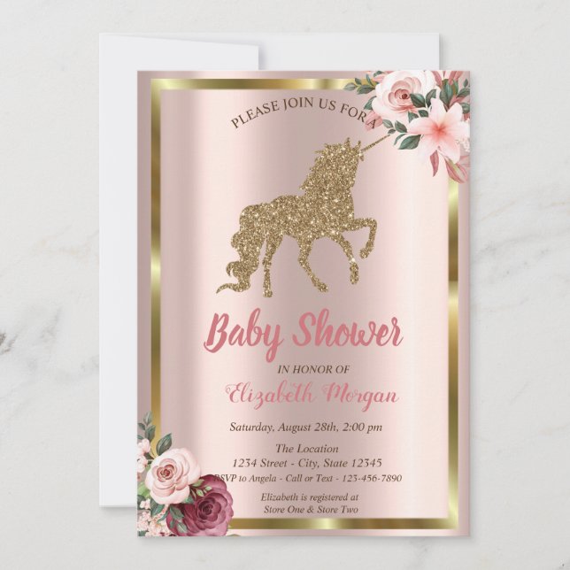 Elegant Guld Glitter Enhörning Blomma Bebis Shower Inbjudningar (Framsida)