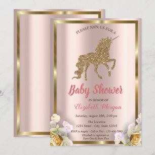 Elegant Guld Glitter Enhörning Blommig Baby Shower Inbjudningar