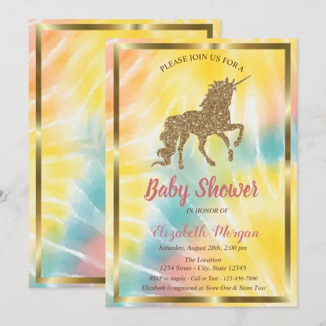 Elegant Guld Glitter Enhörning Tie Dye Barnkalas Inbjudningar (Fram/baksida)